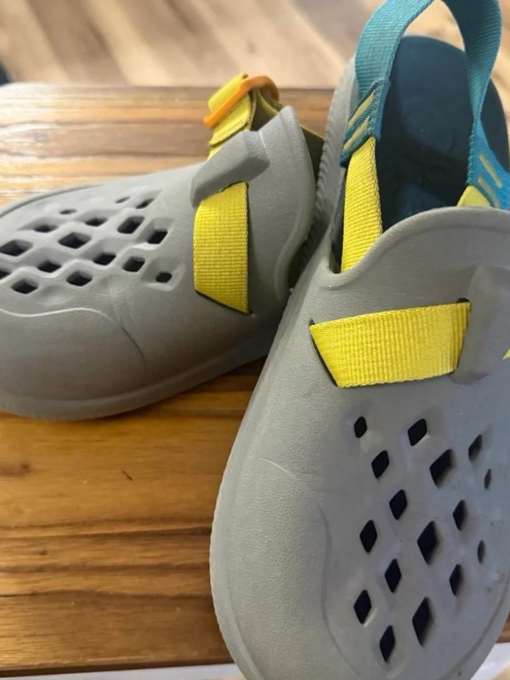 Chaco Kids Grey Water Shoes with Yellow Straps and Teal Pull Tab